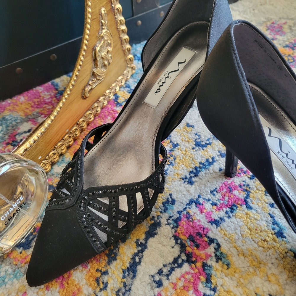 Nina Black Satin d'Orsay Heels with Rhinestone Detailing - Picture 10 of 12